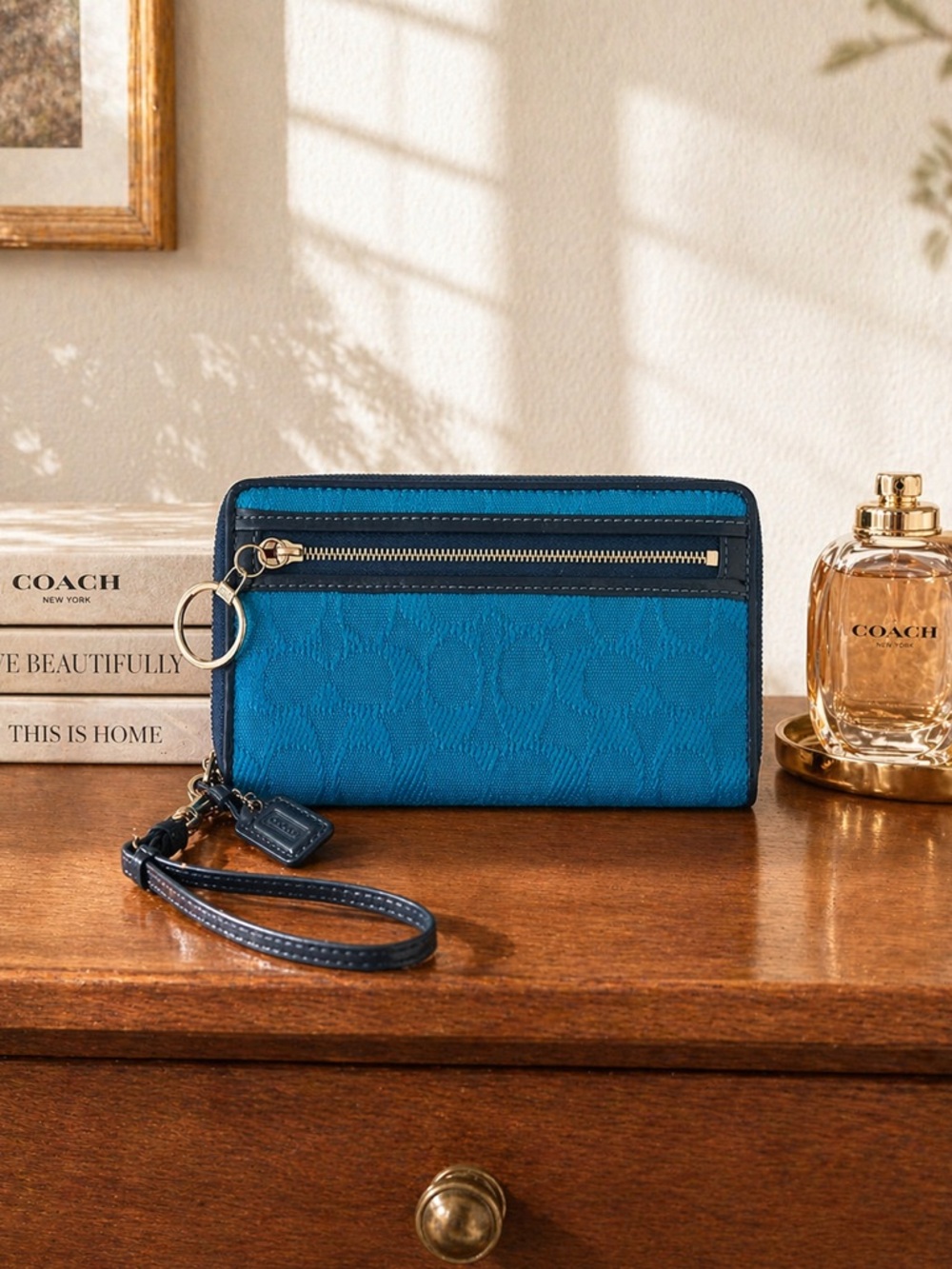 Coach Bright Blue Signature Jacquard Zip Around Wristlet Wallet